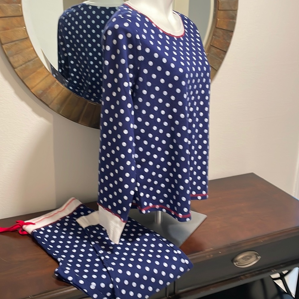 NWOT Mae cutest navy with white polka dots and red stitching pajamas. Size large